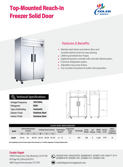 NSF SS Two Door Top Mount Reach In Freezer E60AF