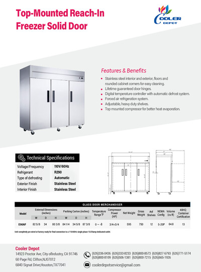 NSF SS Three Door Top Mount Reach In Freezer E90AF