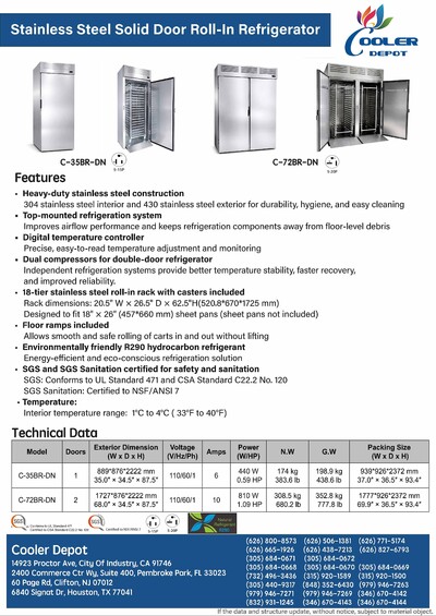 NSF ROLL-IN  Stainless Steel Refrigerator 2 Door C-72BR-DN