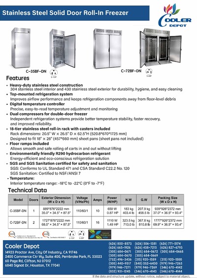 NSF ROLL-IN  Stainless Steel Freezer 2 Door C-72BF-DN