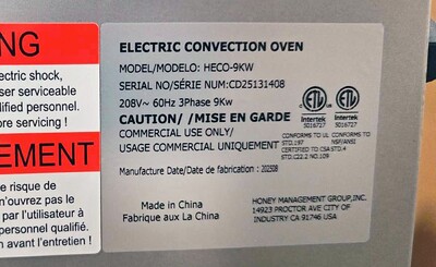NSF Full Size Electric Convection Oven 208V-3PH HECO-9KW