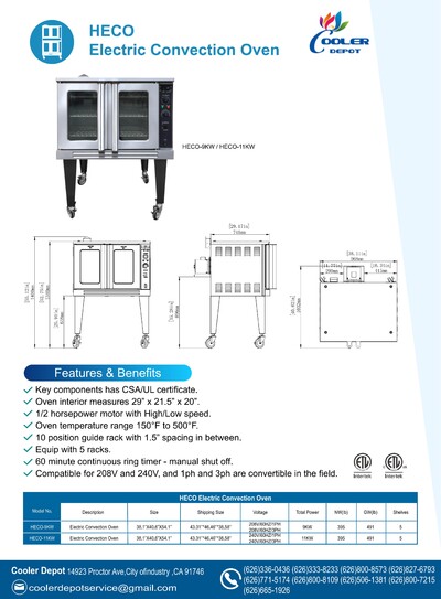 NSF Full Size Electric Convection Oven 208V-3PH HECO-9KW