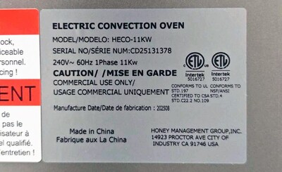 NSF Full Size Electric Convection Oven 240V-1PH HECO-11KW