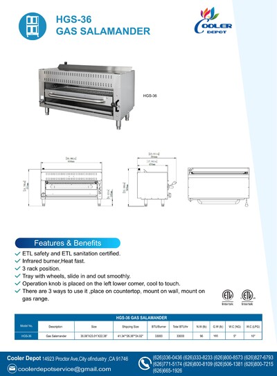 NSF 36 ins Gas Salamander Broiler HGS-36