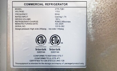 NSF Undercounter refrigerator 72 ins KTR-72B1
