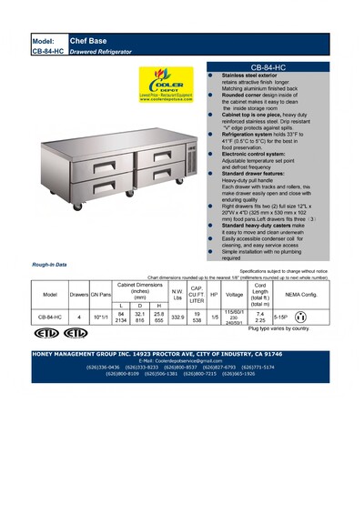 NSF 84 inches Refrigerated 4 Drawers Chefs Base CB84