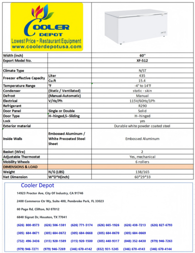 NSF 60 in Solid Top Chest freezer XF-512