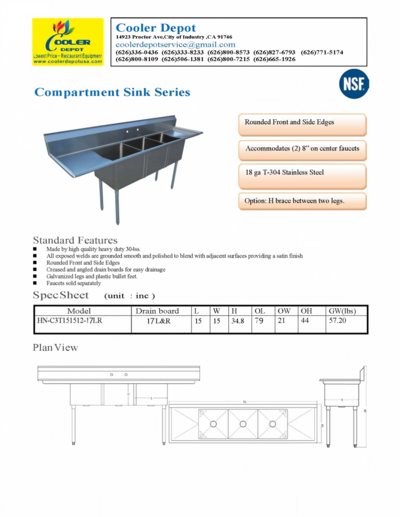 79 ins Stainless Steel 3 Compartment Sink NSF HN-C3T151512-17LR