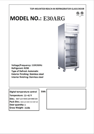 NSF One Door Stainless Steel Top Mount Refrigerator E30ARG
