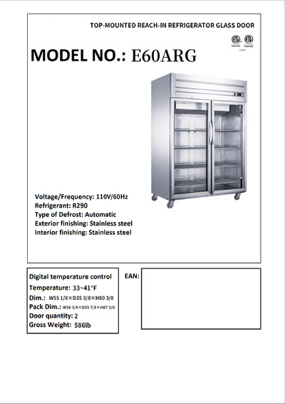NSF Two Glass Door Top Mount Refrigerator Cooler E60ARG