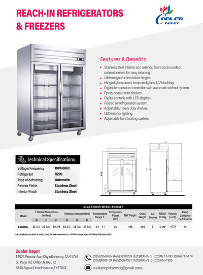 NSF Two Glass Door Top Mount Refrigerator Cooler E60ARG