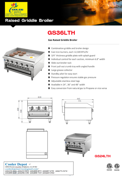 NSF 36 Ins Commercial Gas Raised Griddle Broiler Combo GS36LTH
