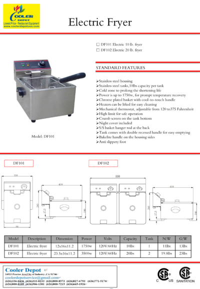 NSF  10 lbs 1-Tank Electric Deep Fryer 120V DF101