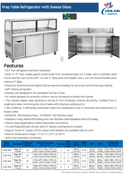NSF 72 ins Salad Bar  Cold Food Table with Sneeze Guard CUSC72G