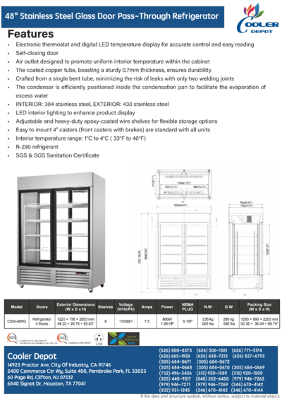 NSF 48Ins S S Glass Door Pass-Through Refrigerator CDM-48RG