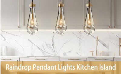 Clearance Kitchen Island Brass Hanging Light Raindrop Glass  8 p
