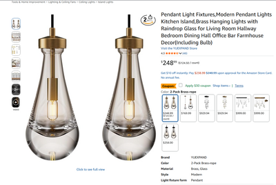 Clearance Kitchen Island Brass Hanging Light Raindrop Glass  8 p