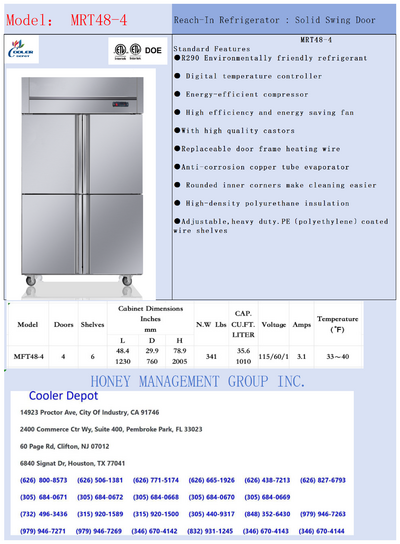NSF Reach In Four Door Single temperature Refrigerator MRT48-4