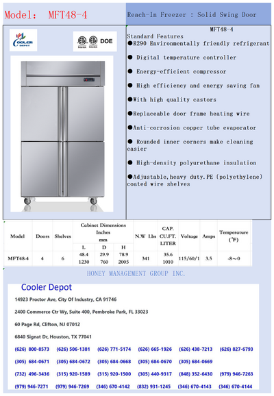 NSF Reach In Four Door Single temperature Freezer MFT48-4