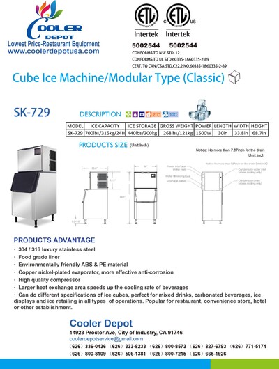 NSF 700 LBS Full Square Ice Maker Machine SK-729B+445 Bin