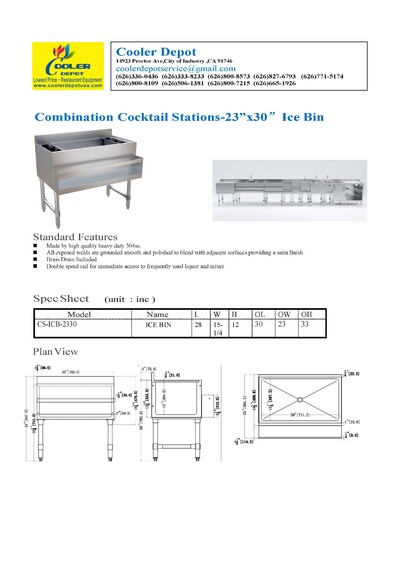 23 x 30 ins NSF Underbar Ice Bin 2 Bottle Holders CS-ICB-2330