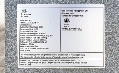 ETL Walk-In Freezer 4 hp Condensing Cooling System HGZ-400-1