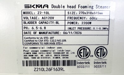 ETL Double Head Foaming Steamer Z2-10L
