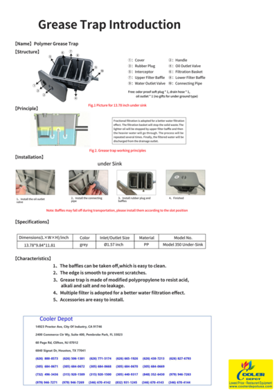 Polymer Grease Trap Tank Left-side Discharge Water ZCB-A-350L