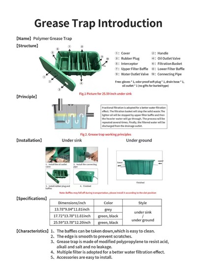 Polymer Grease Trap Tank Left-side Discharge Water ZCB-A-450L