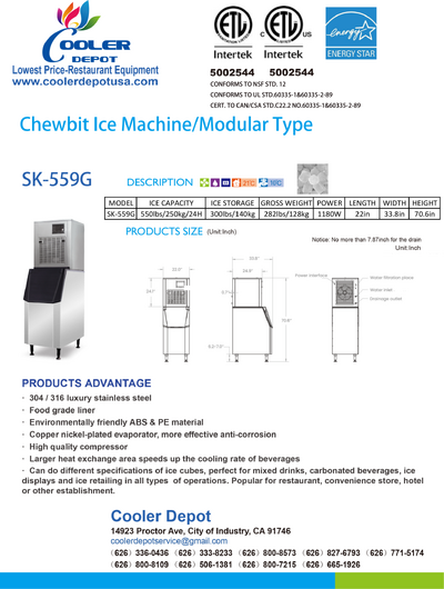 NSF 550 lbs Chewbit Ice Nugget Ice Make Machine SK-559G