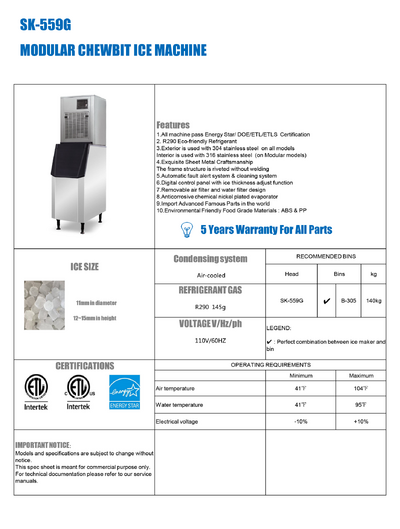 NSF 550 lbs Chewbit Ice Nugget Ice Make Machine SK-559G