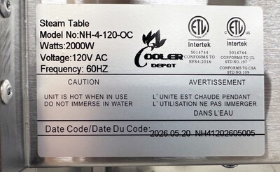 ETL 4 Plate Warmer And Dry Steam Table 110v NH-4-120-OC