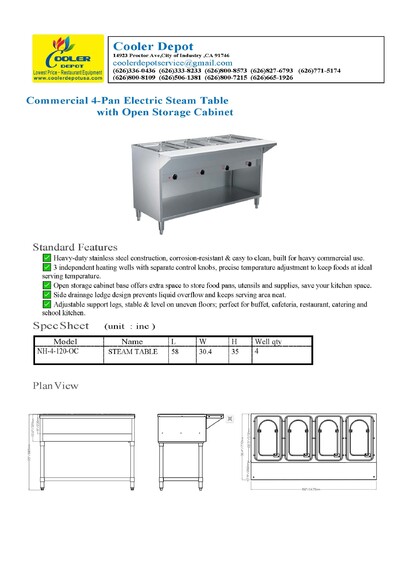 ETL 4 Plate Warmer And Dry Steam Table 110v NH-4-120-OC