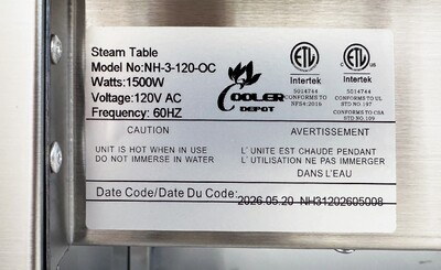 ETL 3 plate dry warmer steam table 120v NH-3-120-OC