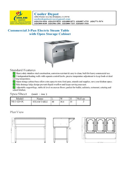 ETL 3 plate dry warmer steam table 120v NH-3-120-OC