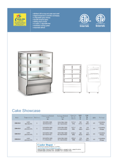 NSF 71 Ins Bakery Refrigerated Cake Showcase  CW-618-1