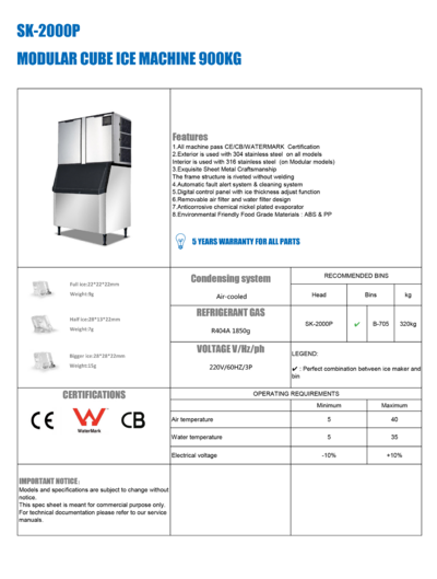 NSF 2000 lbs Cube Ice Machine 220V  3P SK-2000P-1029