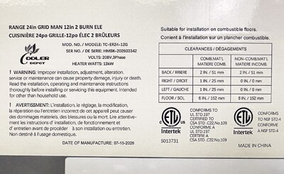 NSF Electric Range Oven 24 Ins Top Griddle TC-ER24-24G