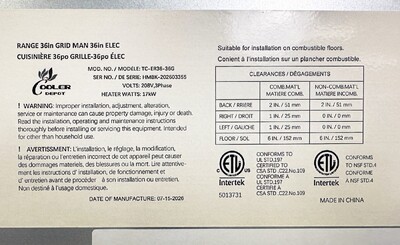NSF Electric Range Oven 36 Ins Top Griddle TC-ER36-36G
