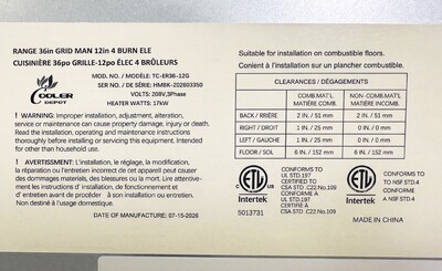 NSF Electric Range Oven 4 Burner 12 Ins Griddle TC-ER36-12G