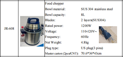 8L Electric Food Chopper Processor Meat Grinder Mixer110V JR-608