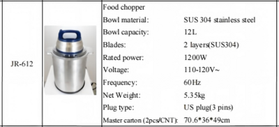 12L Electric Food Chopper Processor Meat GrinderMixer110V JR-612