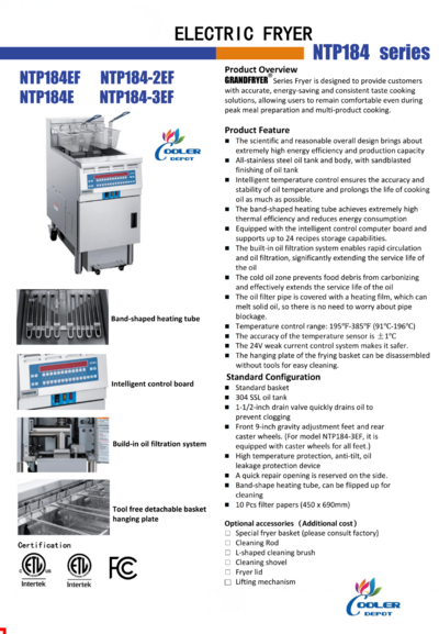 NSF 37.8L Full Vat Electric Fryer With Filtration SystemNTP184EF