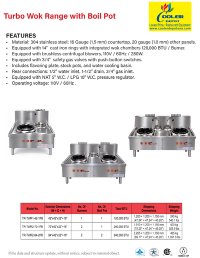 NSF 1 Burners Turbo Wok Range With Boil Pot TR-TWVR1-42-1PB